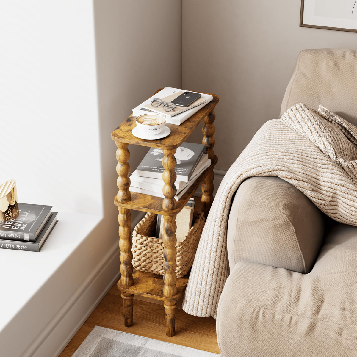 Veegle Side Table, Small End Table with Storage Shelf, 3-Tier Small Coffee Tables for Living Room Bedroom Narrow Spaces(Rustic Brown)