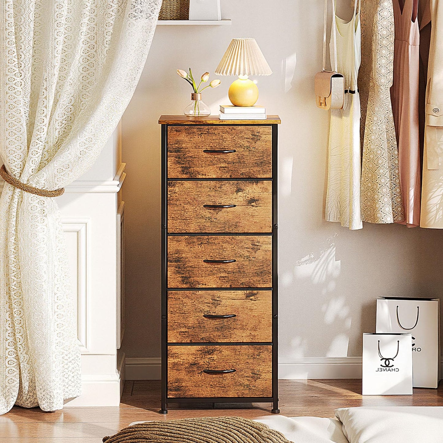 CAIYUN 5 Drawer Tall Dresser, Dresser for Bedroom Entryway Hallway, Closet Storage Drawer, Commode De Chambre, Armoire De Rangement, Rustic Brown
