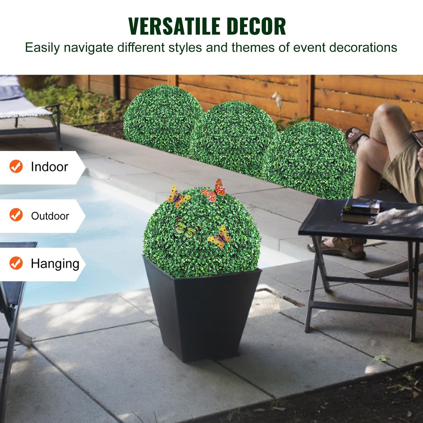 VEVOR Artificial Topiaries Boxwood Trees, 16” Tall (2 Pieces), Ball-Shape Faux Topiaries Plant, All-Year Green Feaux Plant Decorative Balls for Backyard, Balcony,Garden, Wedding and Home Décor