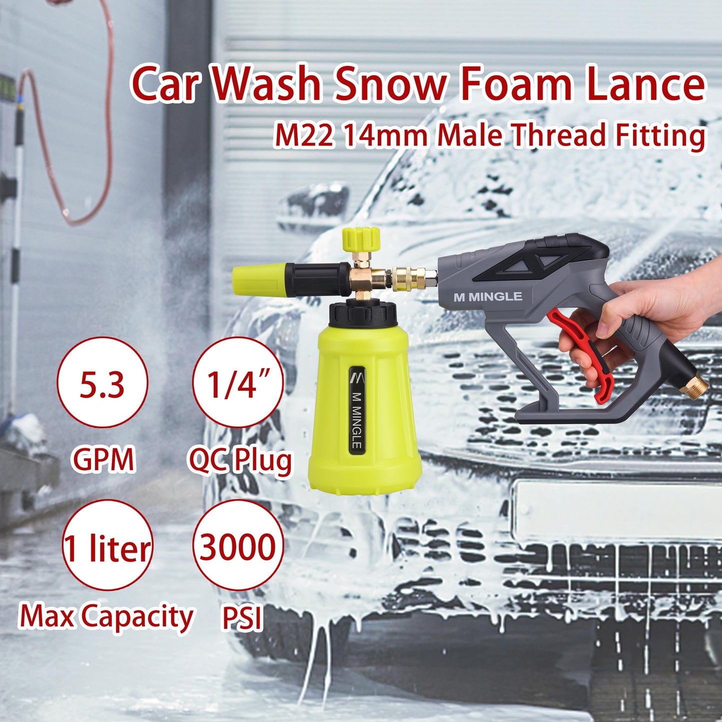 M MINGLE High Pressure Washer Gun Snow Foam Lance, 4000 PSI Cannon Foam Blaster Power Washer with1/4 Quick Connector, Car Wash Foam Cannon Kit with 5 Pressure Washer Nozzle Tips, 1 Liter