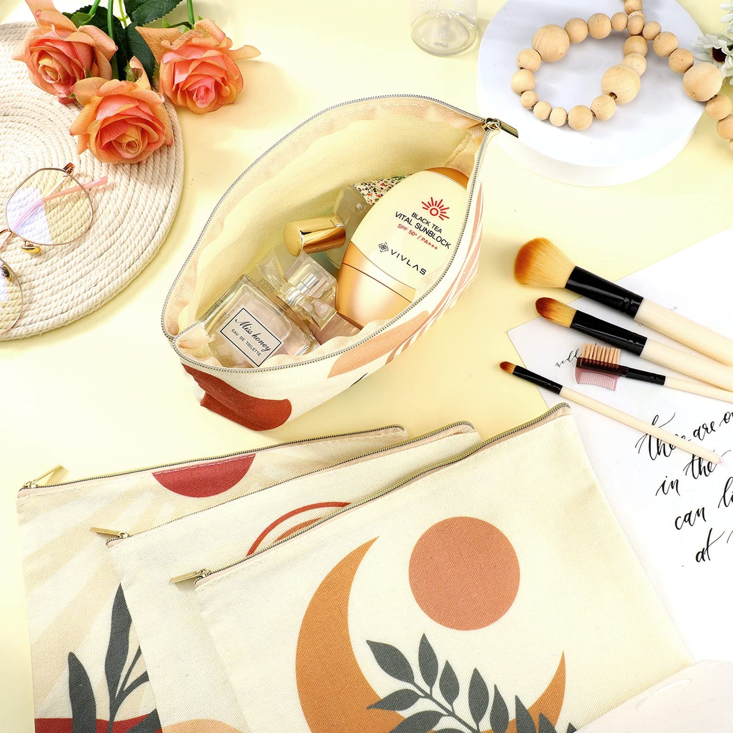 Kajaia 12 Pcs Boho Makeup Bags Bulk for Woman Rainbow Sunshine and Moonlight Makeup Organizer Zipper Canvas Cosmetic Bags Sun Party Favors Toiletry Bag Gift for Women Girls Lover Friend Birthday