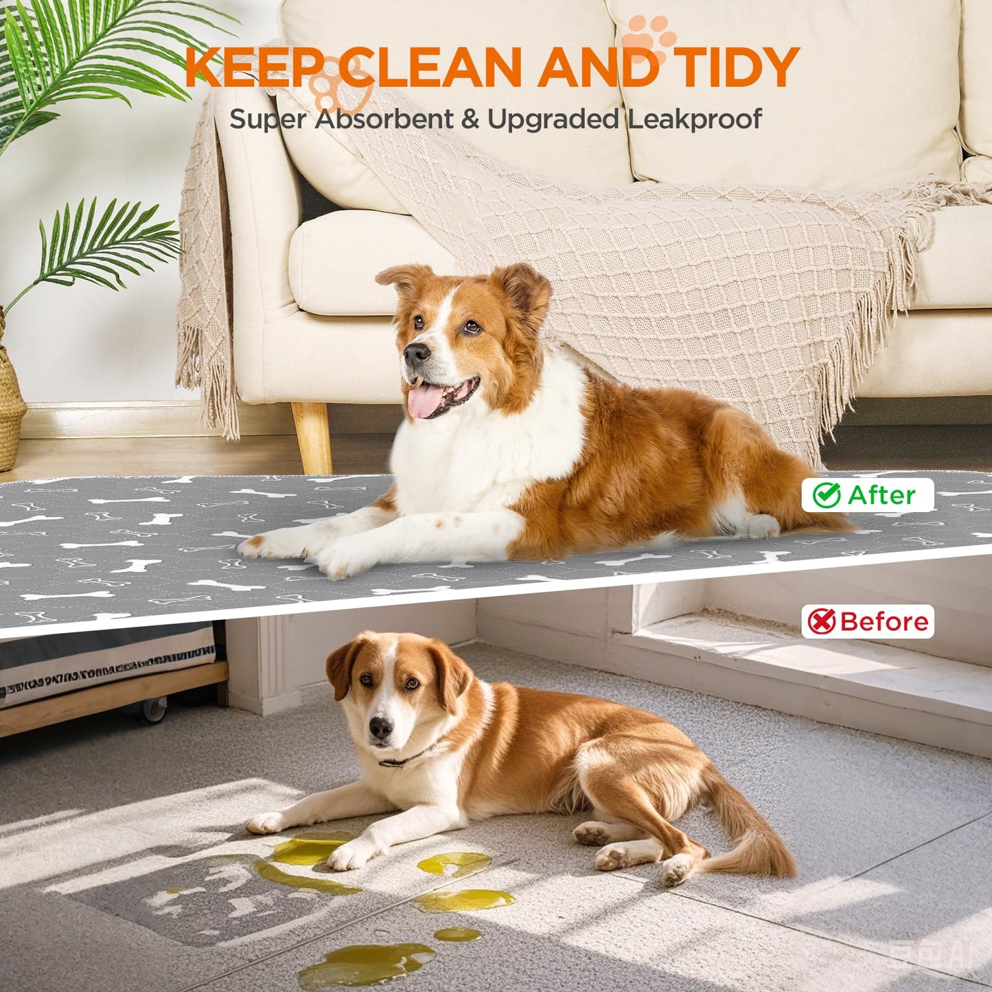 Baodan Washable Pee Pads for Dogs, 2 Pack Dog Pee Pads, Super Absorbent Puppy Pads, Anti-Slip & Reusable Puppy Pee Pads for Training, Incontinence, Playpen (Grey, 48*48Inch)