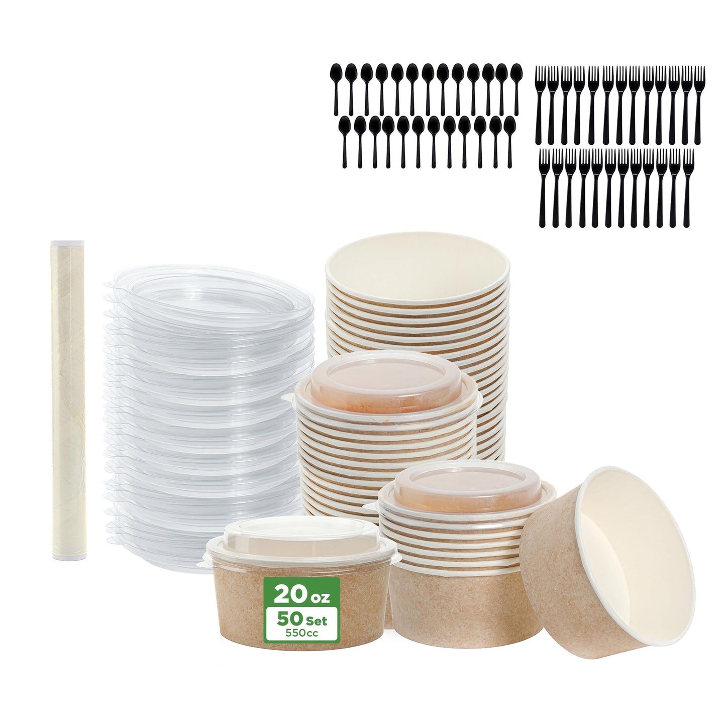Disposable Paper Meal Prep Containers with Lids & Utensils – Brown Cardboard Food Bowls, Recyclable to-Go Food Containers for Hot & Cold Meals, 50-Pack (20 OZ)