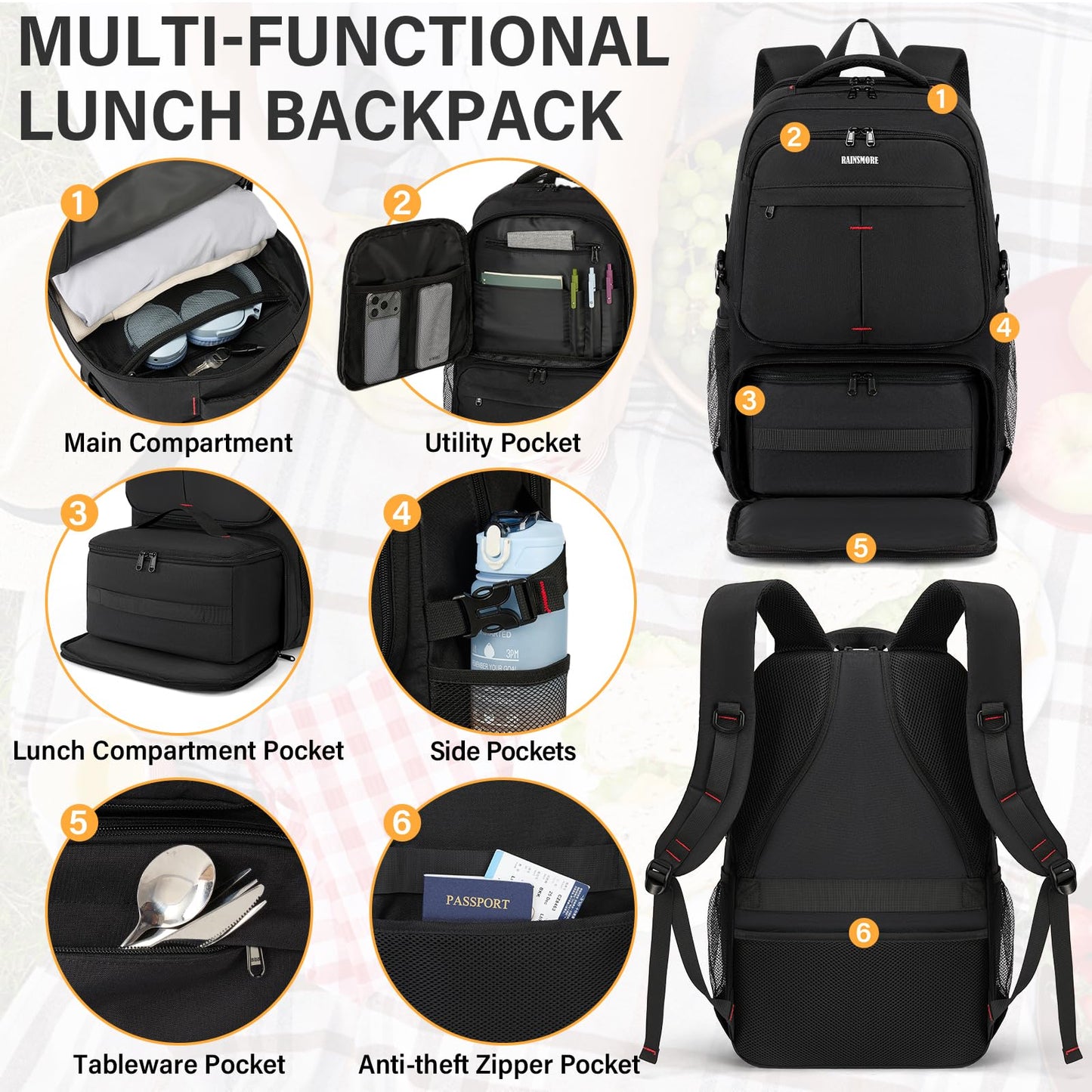 Lunch Backpack for Men, 17.3 Inch Laptop Backpack with USB Charging Port Waterproof Work Backpack with Insulated Lunch Bag for College School Business, Black