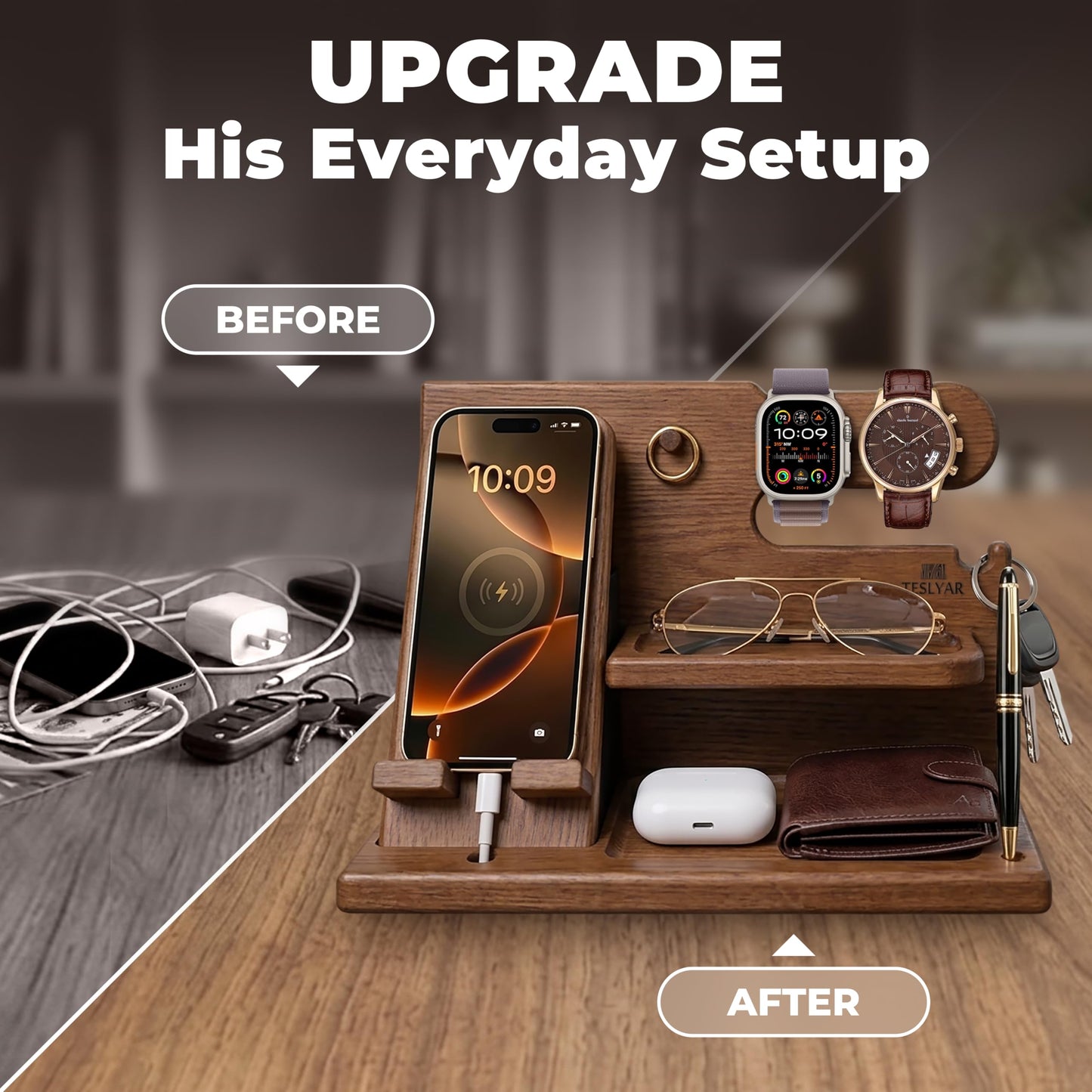 TESLYAR Wood Phone Docking Station - Gifts for Men - Desk or Nightstand Organizer - Birthday Gift for Husband, Dad - Anniversary Idea from Wife - Key Holder, Stand Wallet & Essentials (Earth Beige)
