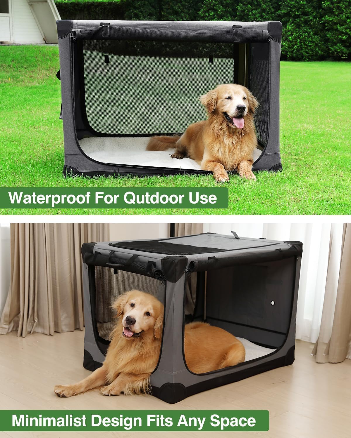 Veraste 24 Inch Collapsible Travel Dog Crate for Medium Large Dogs, Portable Dog Crate 4-Door Foldable Soft Kennel with Chew-Proof Mesh Windows for Indoor & Outdoor, with Storage Bag（Grey）