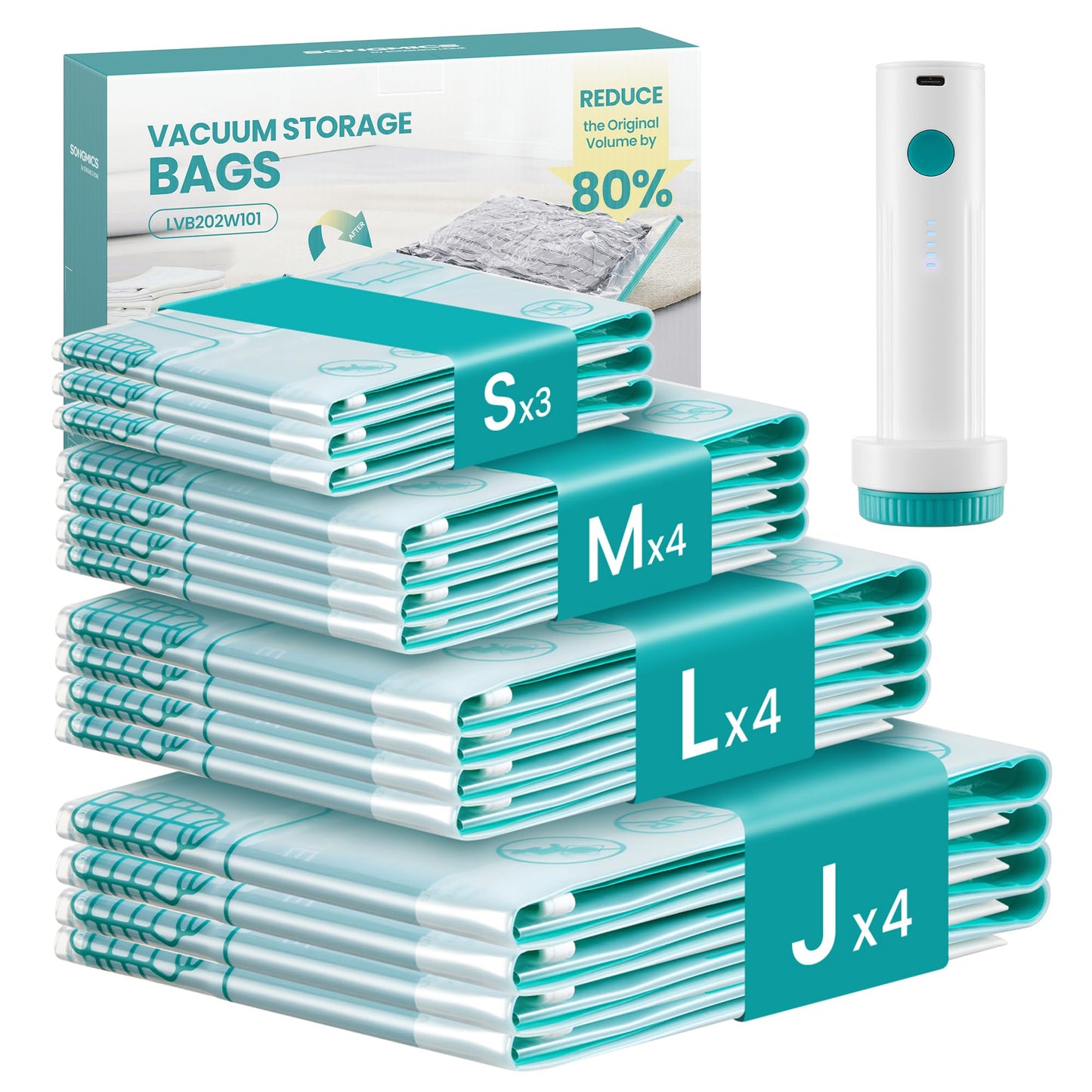 SONGMICS Vacuum Storage Bags, Rechargeable Portable Electric Pump, Space Saver Vacuum Seal Suction Bags for Clothing Travel Bedding Comforters, Reusable, 15 Pack, 3S/4M/4L/4J, Transparent ULVB203W101