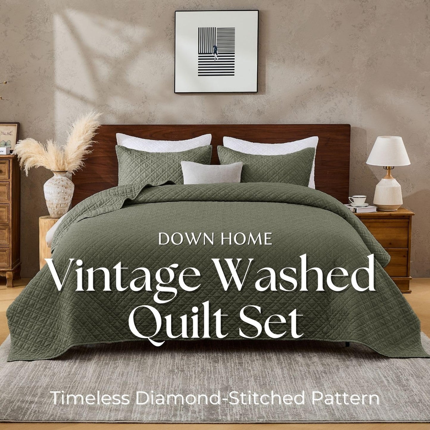 King Quilt Set with Shams Lightweight Quilted Bedspread Coverlet Thin Comforter Bed Cover Vintage Washed Quilted Blanket for All Season, Brushed Microfiber Diamond Stitching, Olive, 104"x92"