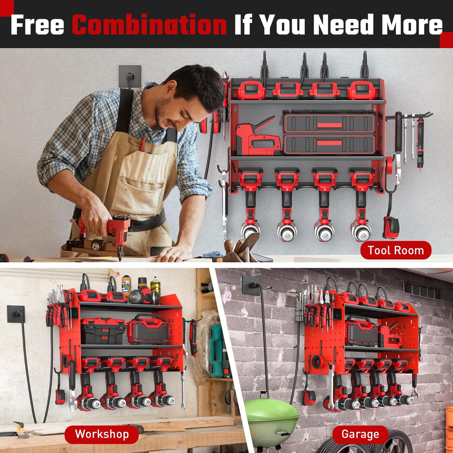 Power Tool Organizer with Charging Station, Heavy Duty 3 Layer Drill Holder Wall Mount Garage Shelf Rack with 6 Outlet Power Strip, Tool Shelf with Hooks, Drill Bit Rack for Garage, Red