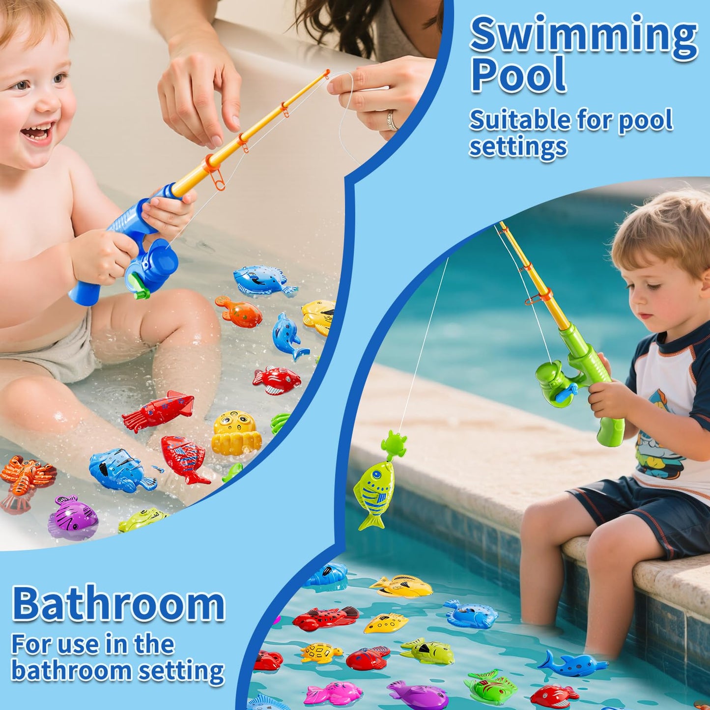 60 Pcs Magnetic Fishing Pool Toys Game for Kids Toddlers, Fishing Water Table Bathtub Toy with Inflatable Pool Pole Rod Net Bucket Plastic Floating Fish, Water Bath Pool Outdoor Toy for Kids Age 3 4 5
