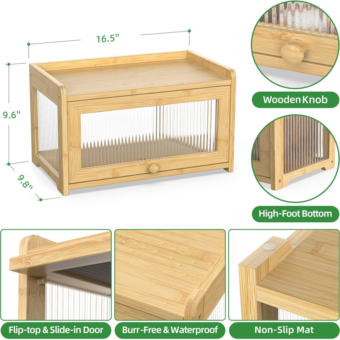 BAMBANG Extra Large Bamboo Bread Box for Kitchen Counter, Bread Storage Container Farmhouse Bread Box with 3 Sides Wavy & Back Clear Window, Breadbox Bread Bin Holder for Homemade Bread, Natural