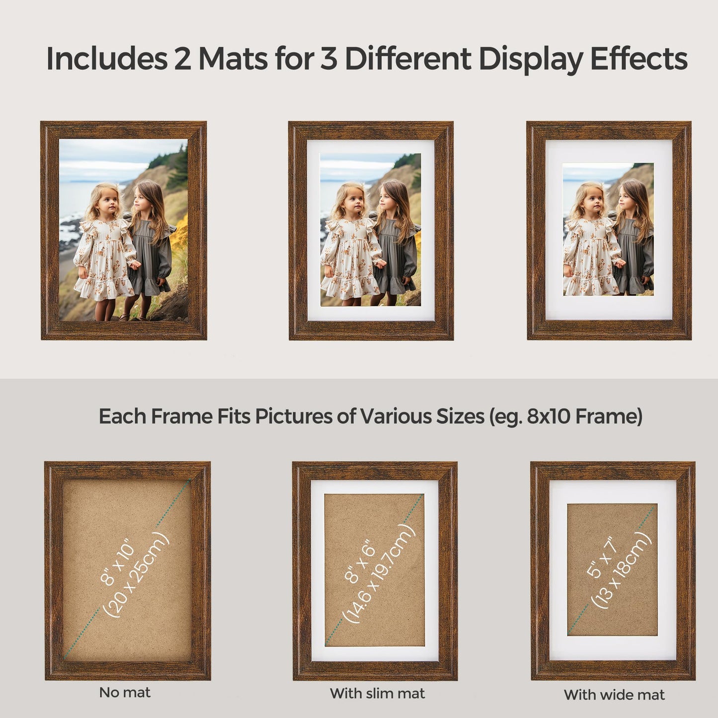 SONGMICS Picture Frames with 16 Mats, Set of 10 Collage Photo Frames, Two 8x10, Four 5x7, Four 4x6 Frames, Hanging or Table Display, Glass, 12 Non-Trace Nails, Rustic Brown URPF049X01