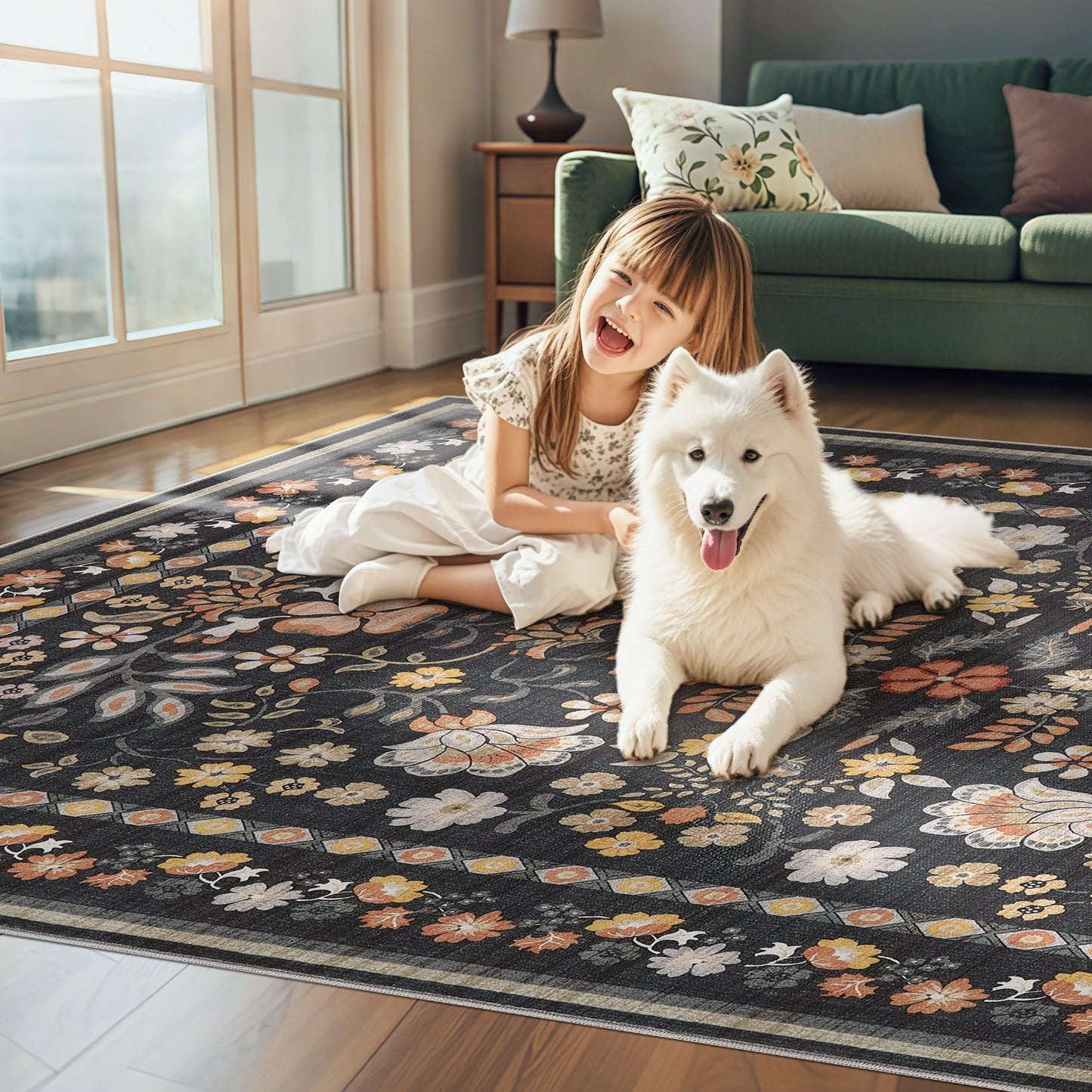 Uermei 5x7 Area Rug for Living Room: Washable Boho Floral Soft Non-Slip Low Pile Carpet for Bedroom Dining Room Kids Playroom Office Decor Indoor-Black Grey