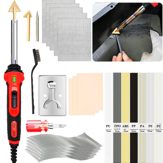 100W Plastic Welder Kit With 7 Types of Welding Material, Soldering Iron Kit With 3 Tips & 5 Reinforcing Stainless Steel Mesh for Repairing