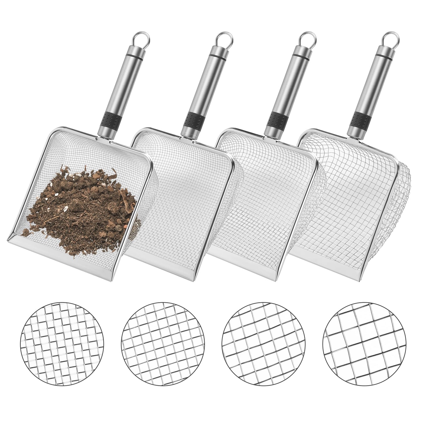 Adnee 4 Pcs Gardening Soil Sifter-Garden Sieve Sifter with Handle (2/2.8/3.8/5 mm Mesh)-Portable Gardening Sifter for Gradening Sand Soil Dirt Compost