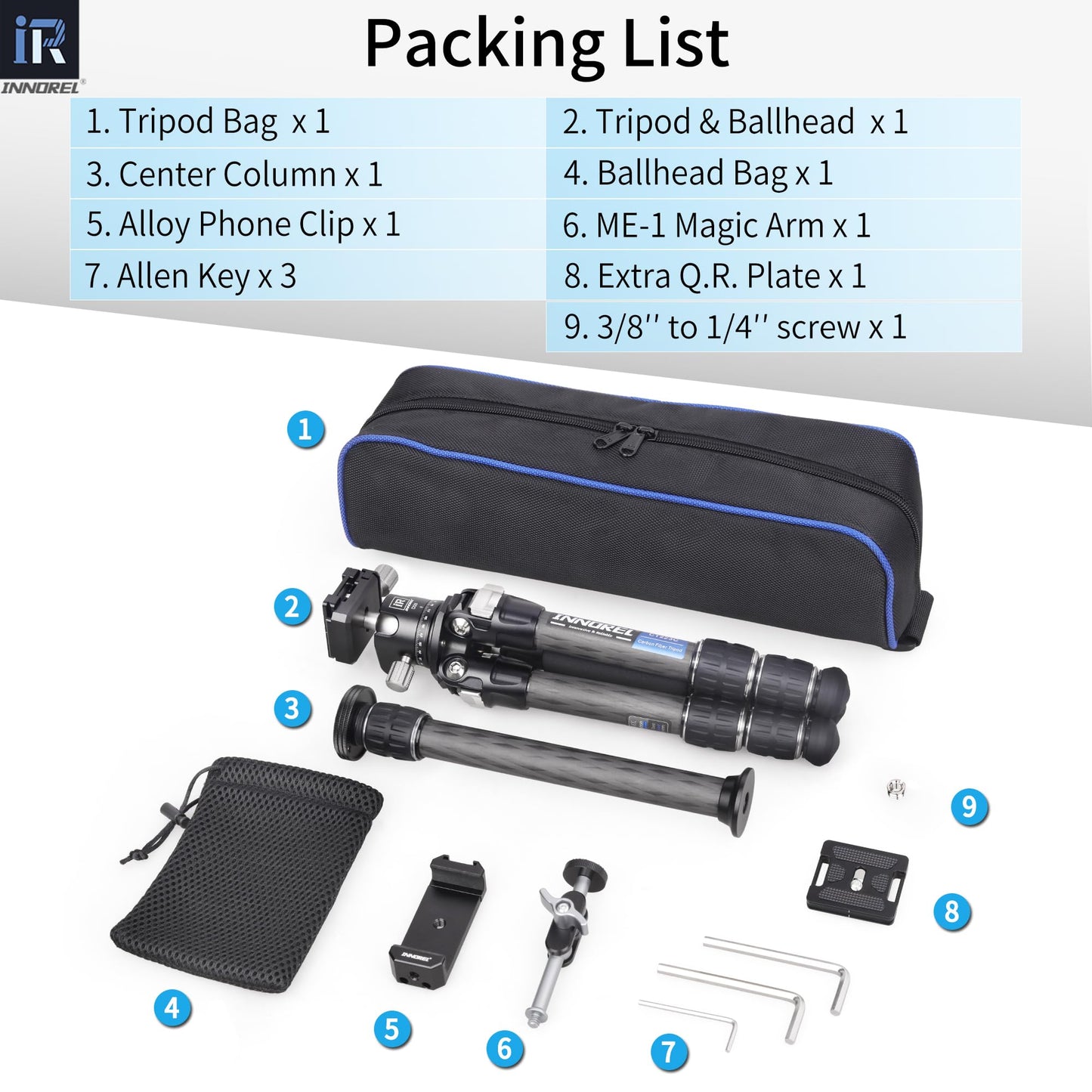 INNOREL 10-Layer Carbon Fiber Mini Tripod CT223C with 28mm Low Profile Ballhead & Center Column, Black, Tabletop Camera & Smartphone Tripod, Compact Portable, Max Load 22lb/10kg