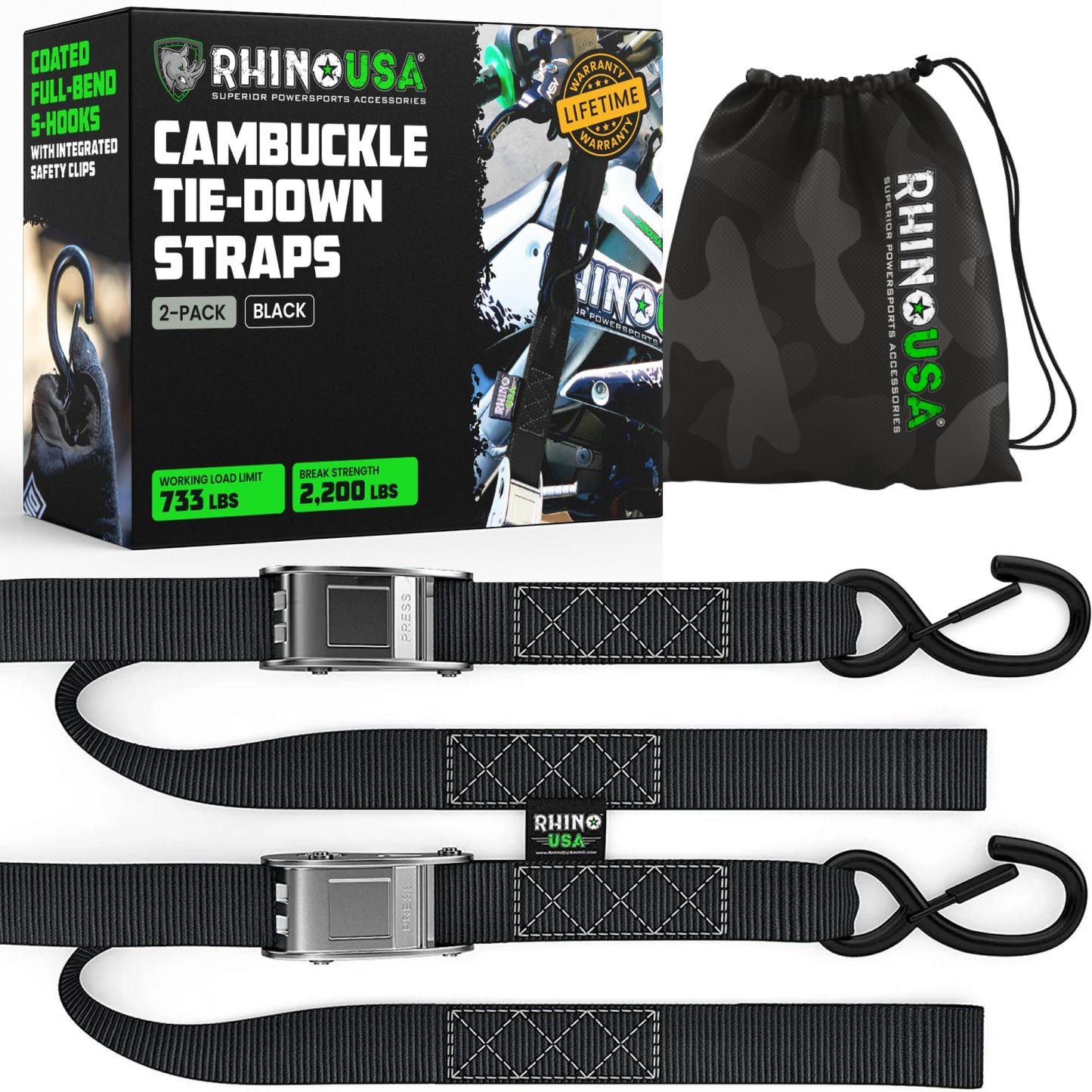 Rhino USA Motorcycle Tie Down Straps (2 Pack) Lab Tested 2,200lb Break Strength, Steel Cambuckle Tiedown Set with Integrated Soft Loops - Better Than a Ratchet Strap (Black 2-Pack)