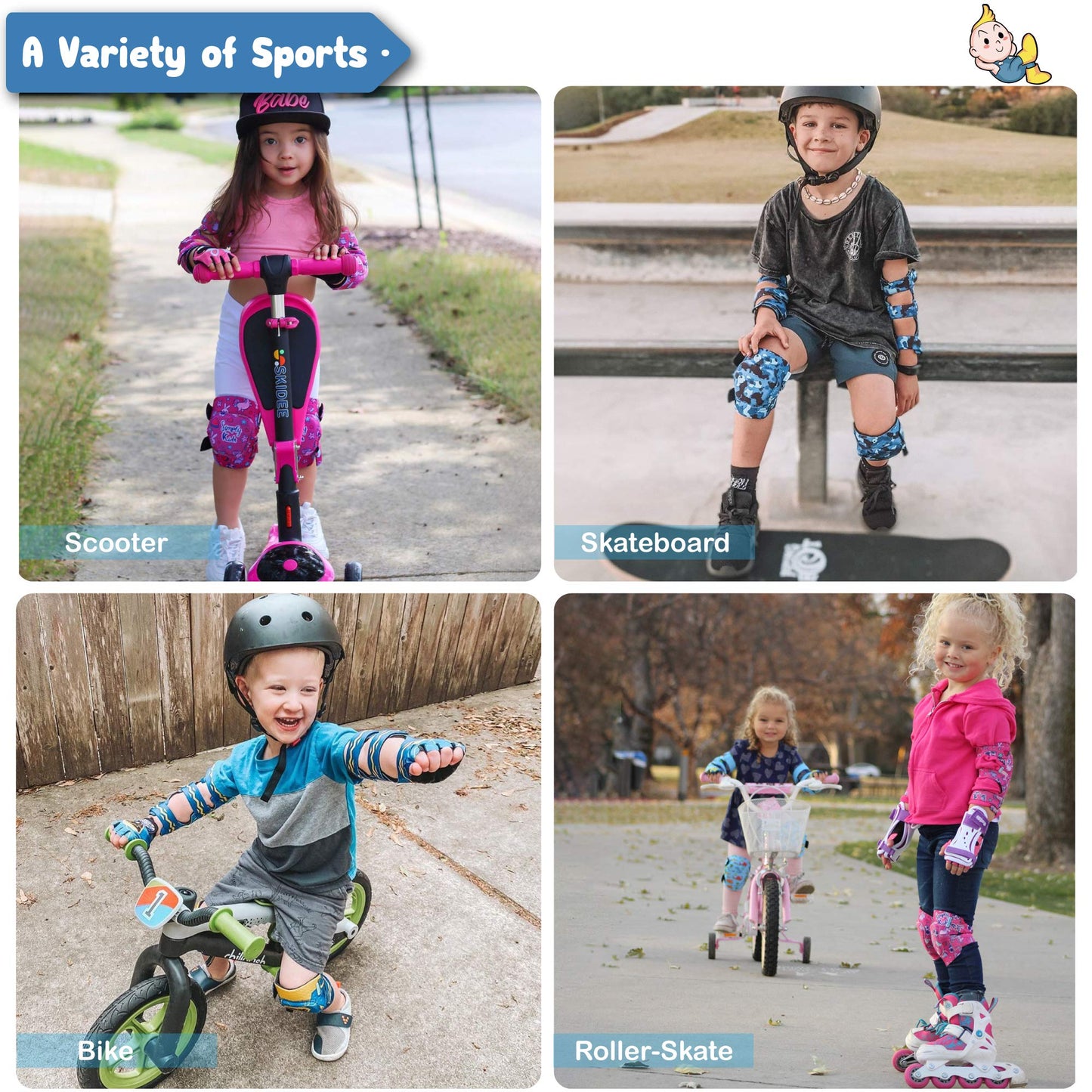 Simply Kids Toddler Knee and Elbow Pads with Bike Gloves - Unisex Kids Protective Gear Set for Roller-Skate, Skateboard, Cycling, Pink