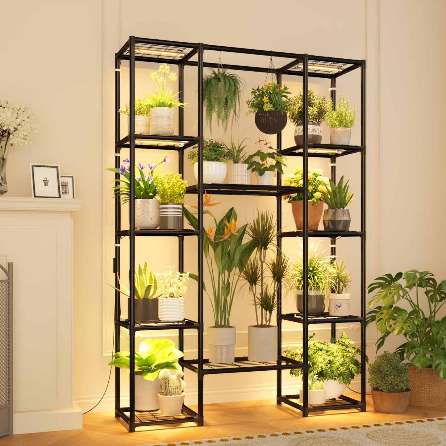 GENTINGBRO Plant Stand with Grow Light Indoor Outdoor Large Metal Plant Shelf for Multiple Plant Pots Black Plant Rack for Living Room Patio Balcony Garden