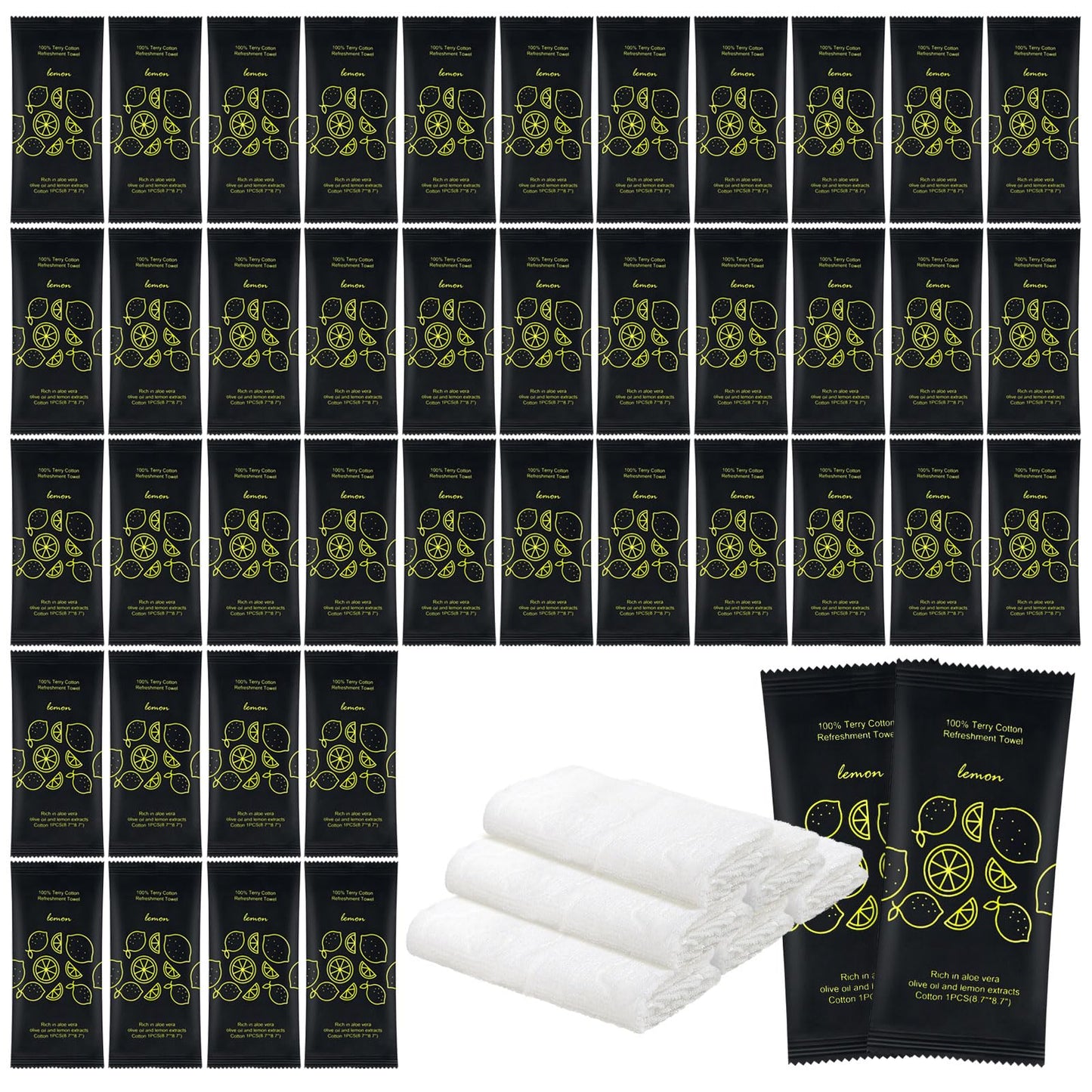 Moist Cotton Towel Bulk Moist Towelettes Individually Wrapped 8.7" x 8.7",White Towel Services,Refreshment Pre Moistened Towels Lemon Scent for Travel Sport Party Spa Dentist Hote (1 Count (Pack of 100), Lemon)