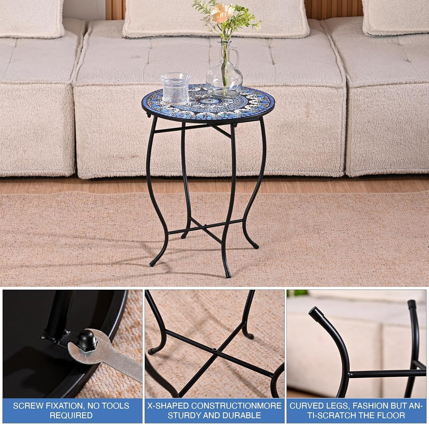 17" Tall Patio Side Table, 14 Inch Round Side Table, Weather Resistant Anti-Rust Metal Indoor Outdoor Side Table for Patio Yard Porch Balcony Garden Bedside, Dark Blue