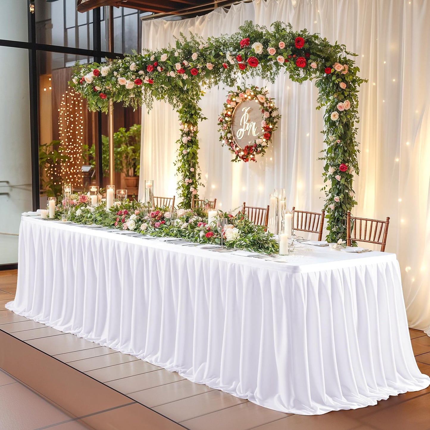 17ft Long White Table Skirt for Rectangle Tables Decorations - Wrinkle Resistant Polyester Pleated Table Skirting Desk Skirt for Office Baby Shower Birthday Party Wedding Banquet
