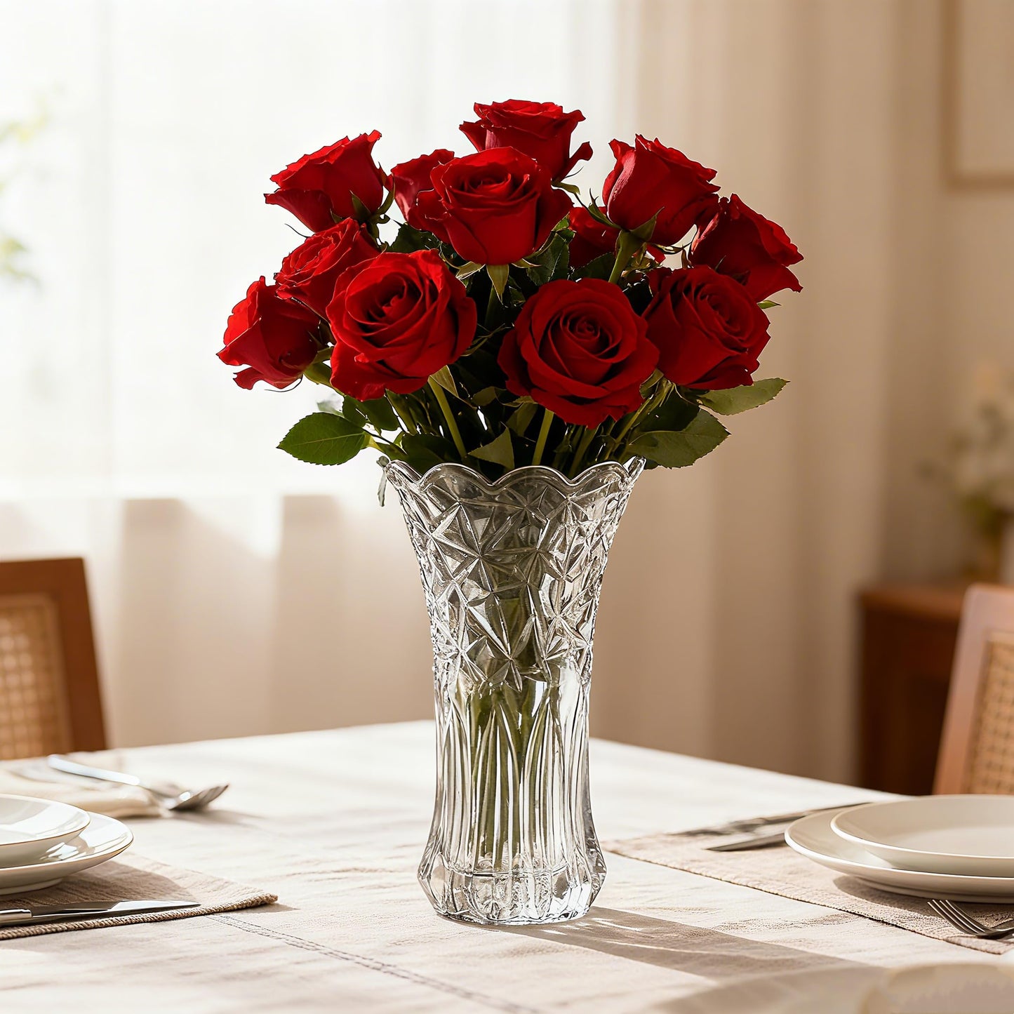 Dicunoy Set of 2 Glass Flower Vase, 9.5" Large Crystal Vase, Clear Flower Vases for Centerpieces, Modern Crystal Rose Vase, Heavy Duty Cylinder Flared Vase with Heavy Base for Home Office Decoration