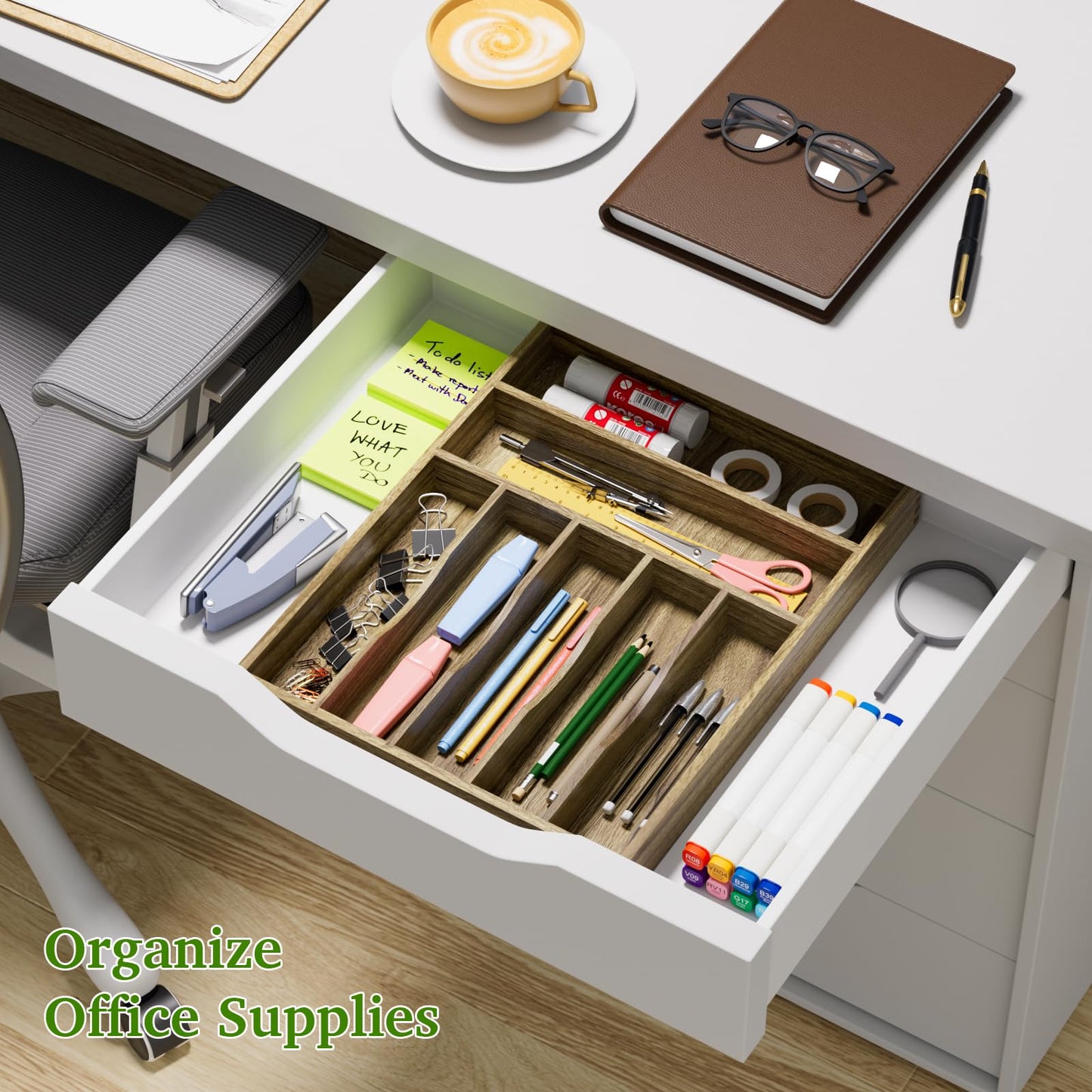Kiasthome Acacia Wood Silverware Drawer Organizer, Kitchen Utensil Cutlery Drawer Organizer with Grooved Dividers, Flatware Organizer Silverware Tray Holder for Spoon, Fork, 13''x16.9'' (7 Slots)