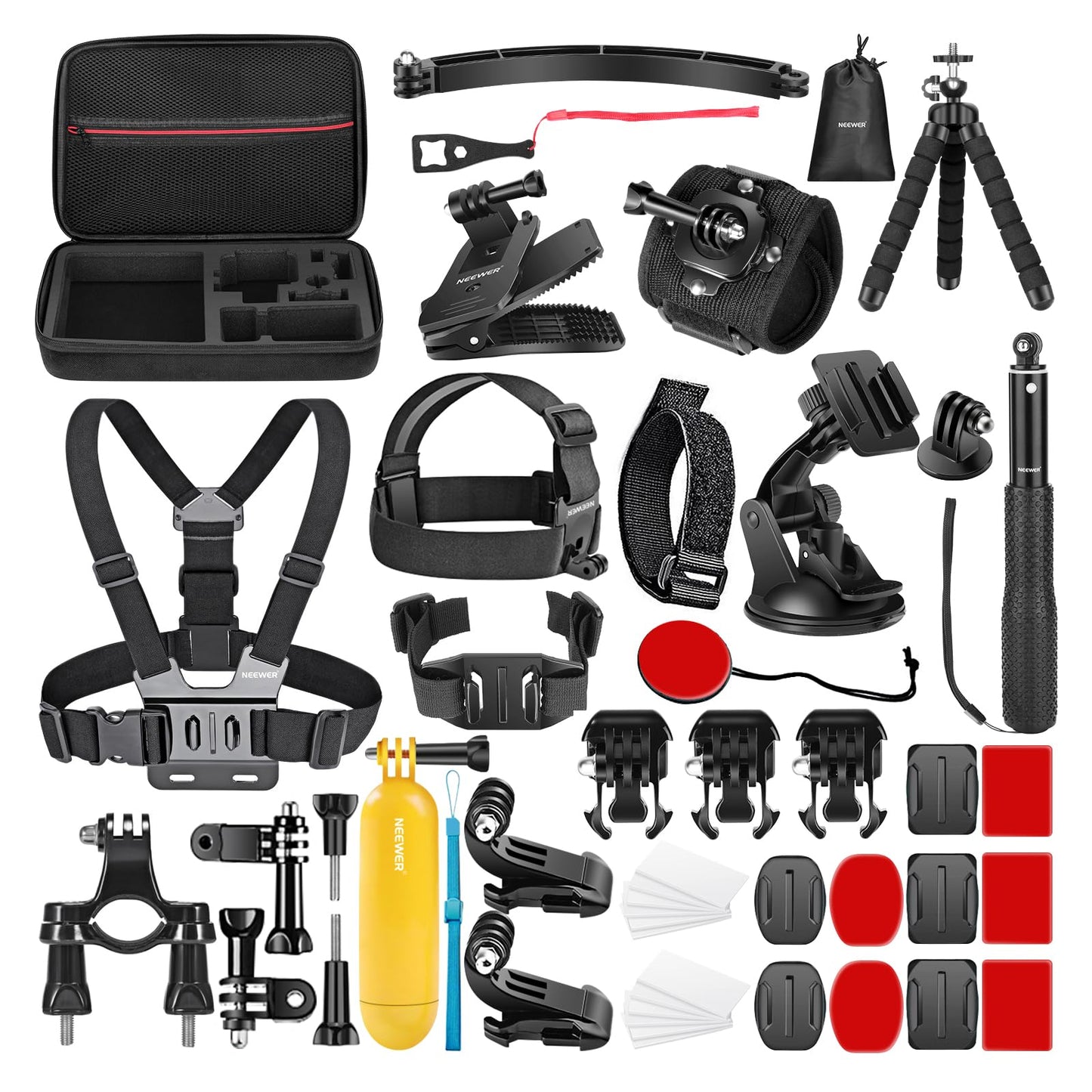 NEEWER 50 in 1 Action 5 Camera Accessory Kit Compatible with GoPro Hero 13 12 11 DJI OSMO 4 3 2 Insta360 X4 X3 SJCAM AKASO VicTsing APEMAN Campark Sony Sports DV with GP-10 Action Camera Pole Mount