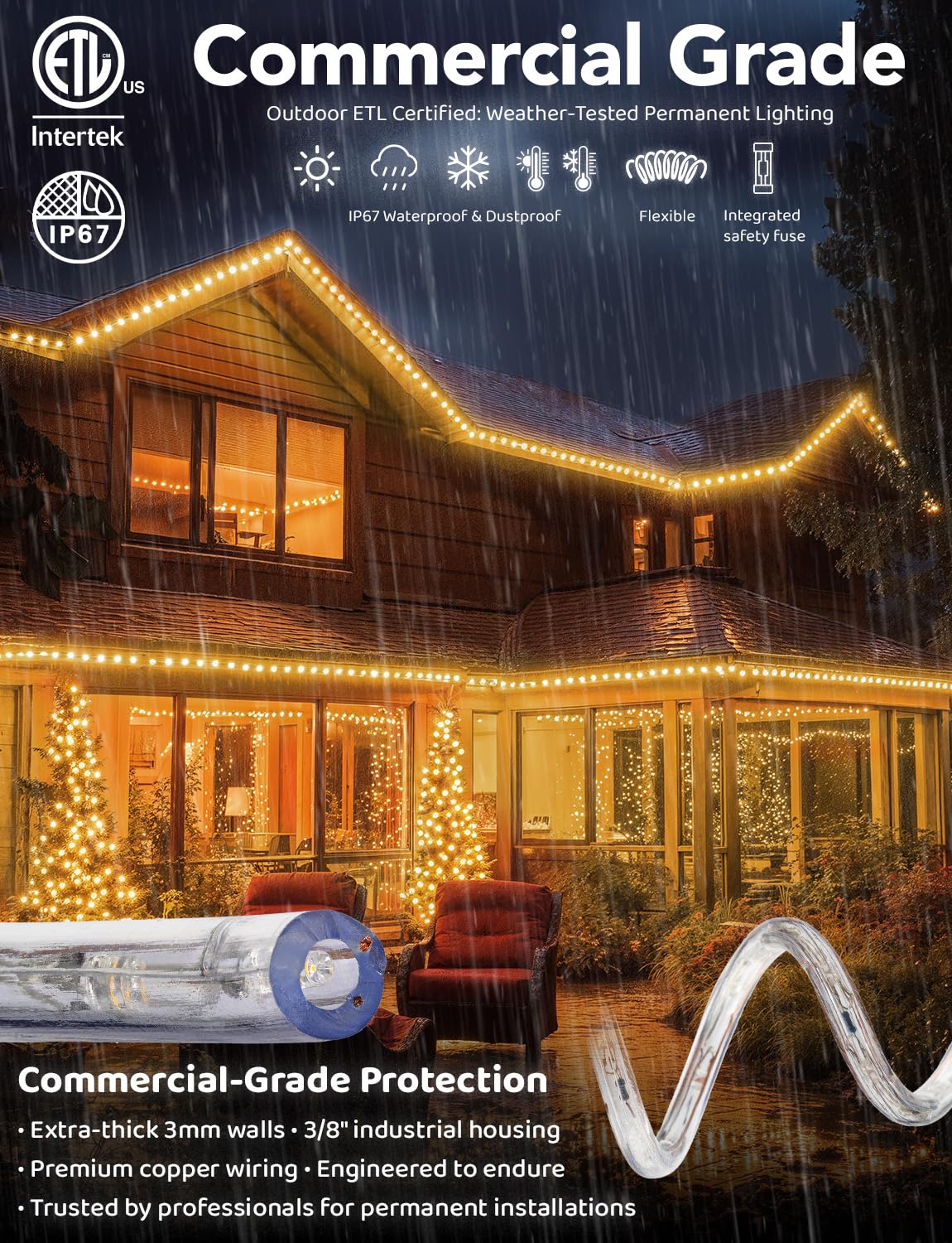 WYZworks 288LEDs, 25ft LED Outside Rope Lights, Waterproof Permanent Outdoor ETL Certified Connectable Clear Tube, Christmas Palm Tree Holiday Decorative Landscape Patio Accent Lighting - Warm White