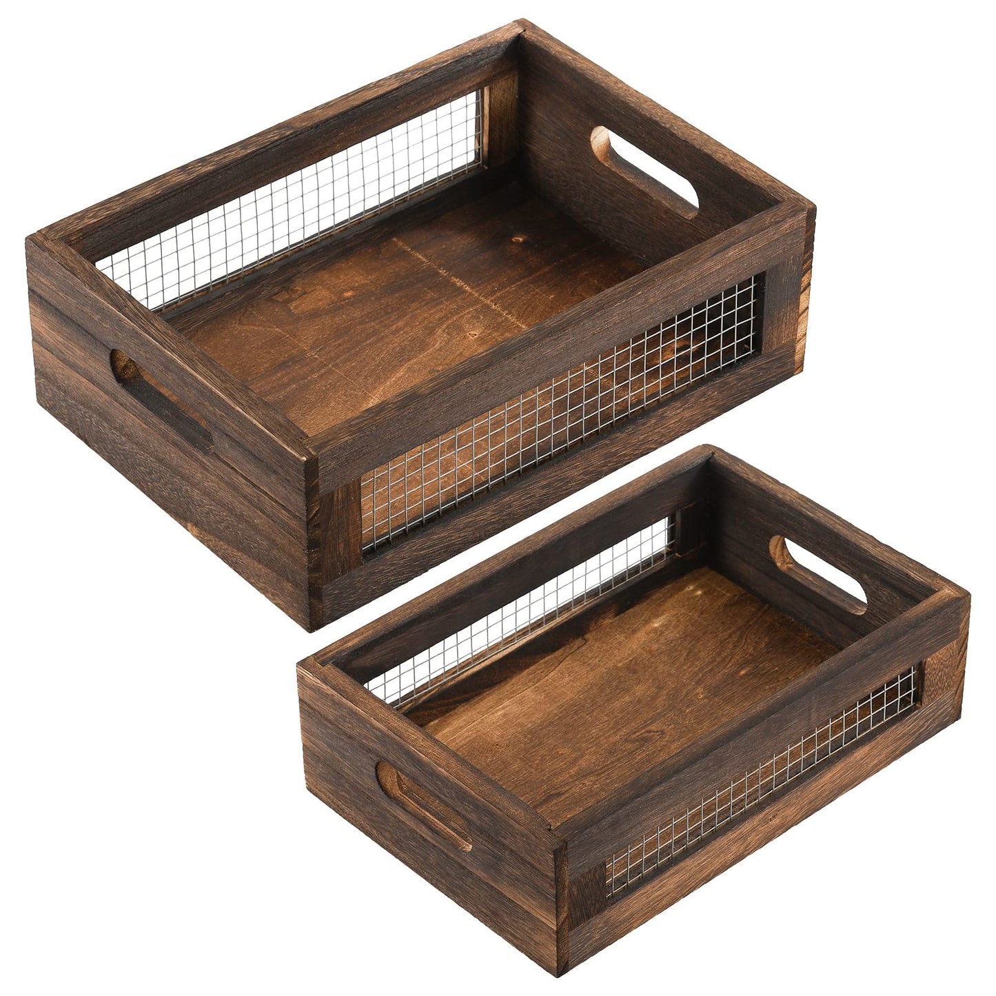 Dicunoy Set of 2 Rustic Nesting Boxes, Wooden Organizer Crates Basket, Small Decorative Wood Wire Containers with Handle, Kitchen Counter Organizers for Fruit, Veggies, Onion, Bathroom, Pantry Storage