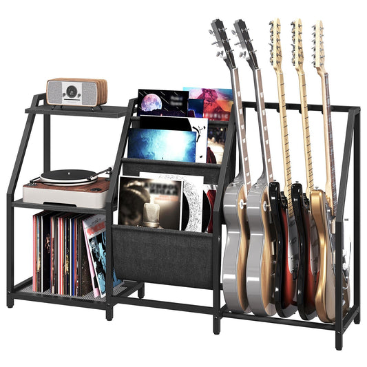 MAHANCRIS Guitar Stand, Multiple Guitar Rack with Storage, for 5 Acoustic Guitar, Bass, Electric Guitar, Ukulele, Banjo, Turntable, Vinyl Records and Amp Accessories, for Music Studios, Black GSBK10501