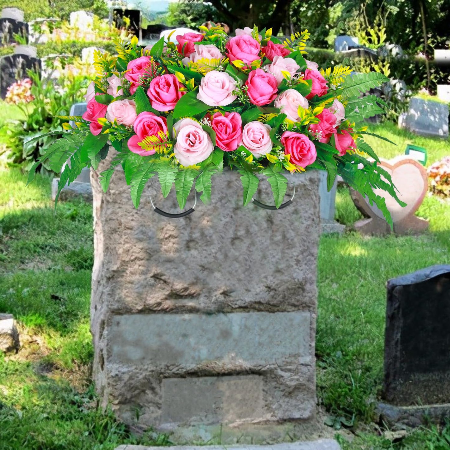 Lodou Artificial Cemetery Flowers, Artificial Silk Flower Arrangement,Artificial Rose Bouquet Grave Memorial Flowers with Headstone Flower Saddle for Graveyard Headstones Decoration (1, Pink and red)