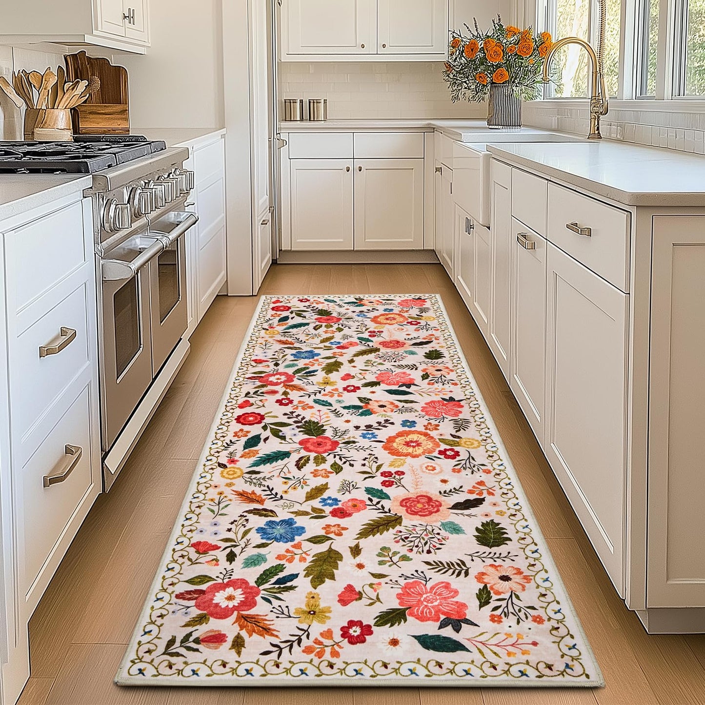 Runner Rugs for Hallway 2x6 Ft, Ultra Thin Non-Slip Long Floral Carpet Washable, Area Rug for Living Room Bedside Entryway Hall Bedroom Stain Resistant Boho Low-Pile Indoor(Beige with Pink)