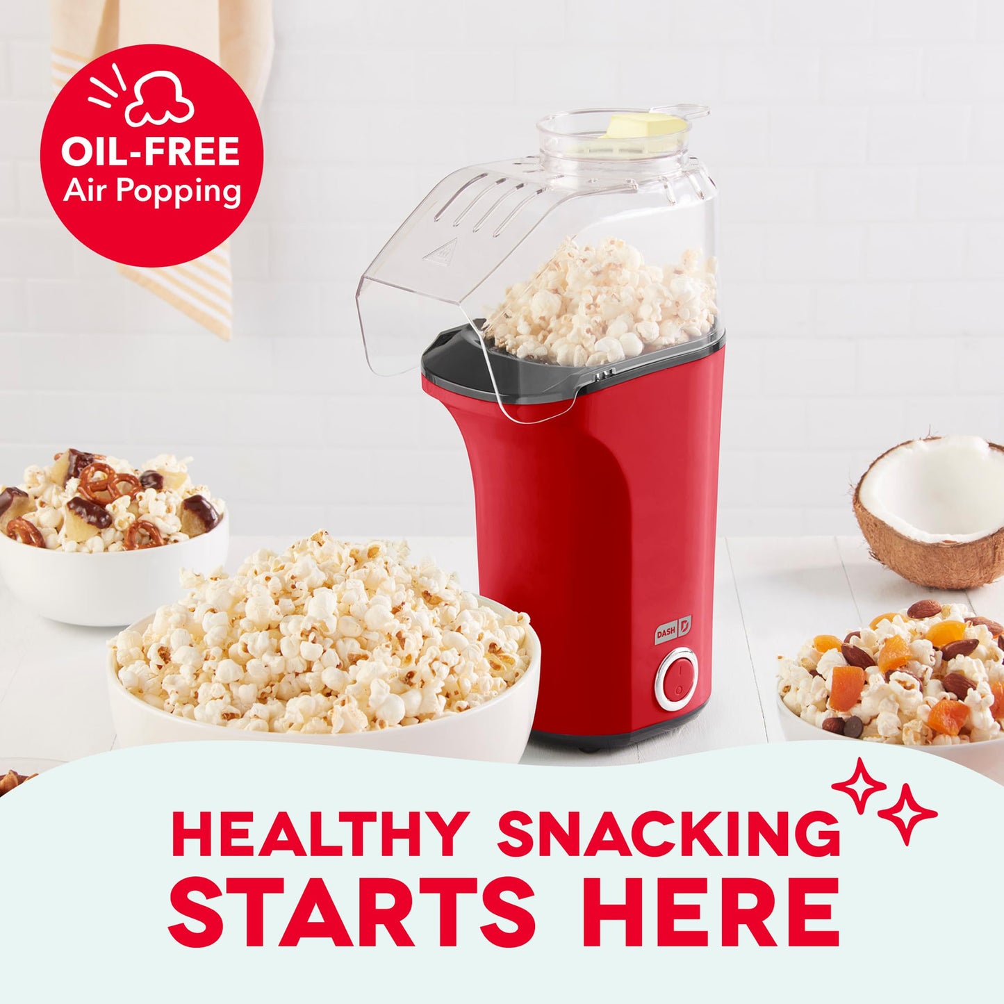 DASH Hot Air Popcorn Popper Maker with Measuring Cup to Portion Popping Corn Kernels + Melt Butter, 16 Cups - Red
