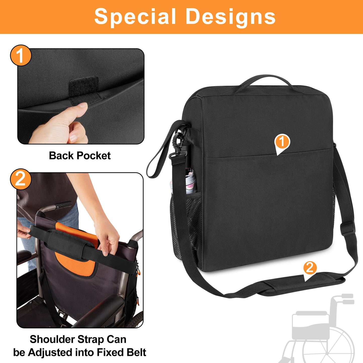SAMDEW Large Wheelchair Bag to Hang on Back, Wheelchair Accessories Bag for Adult & Senior, Power & Manual Wheelchair Backpack Pouch with Medicine Storage Insulation Pocket & Shoulder Strap, Bag Only