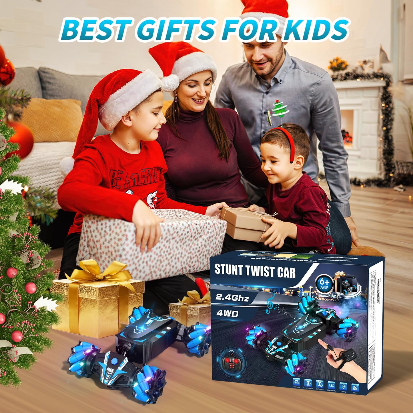 Remote Control Car Hand Controlled Gesture RC Stunt Car with Spray & Lights & Music for Kids 6-13 Years Old, 4WD 2.4GHz Off-Road Vehicle 360° Double Sided Rotation Crawler Toy Car Gifts for Boys Girls