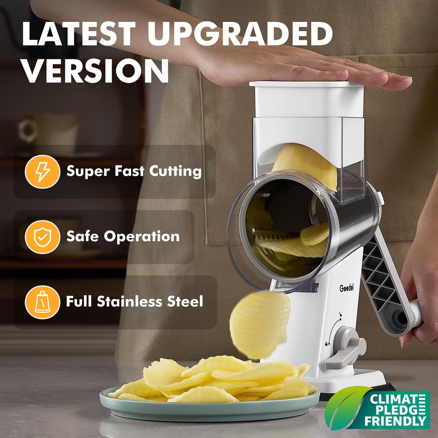 Geedel Rotary Cheese Grater - Upgraded Vegetable Shredder with 4 Interchangeable Blades, Easy to Clean Cheese Shredder with Handle, Kitchen Grater Nuts Grinder for Cutting Cheese, Vegetable, Nuts