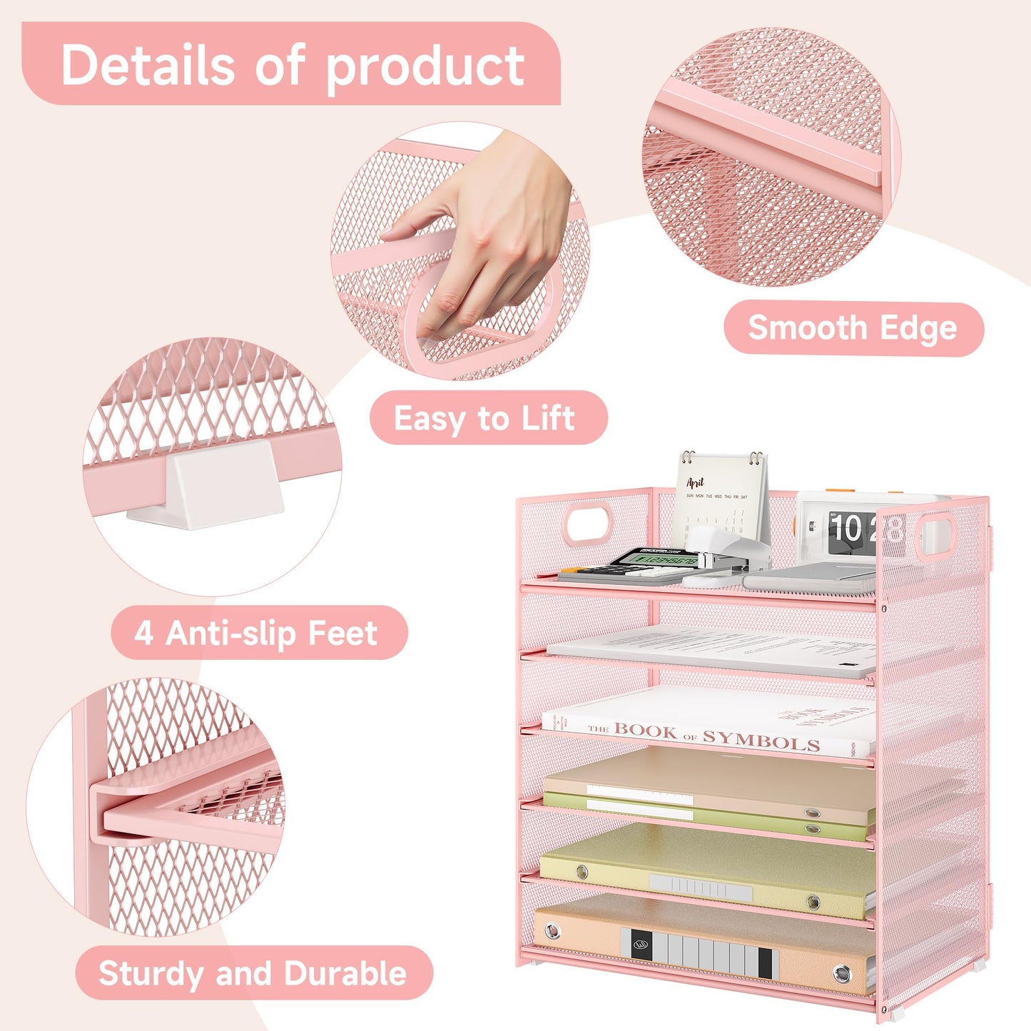 Marbrasse 6 Tier Desk Organizer, File Organizer with Handle, Mesh A4 Paper Organizer, Letter Tray for Office, Home or School (Pink)