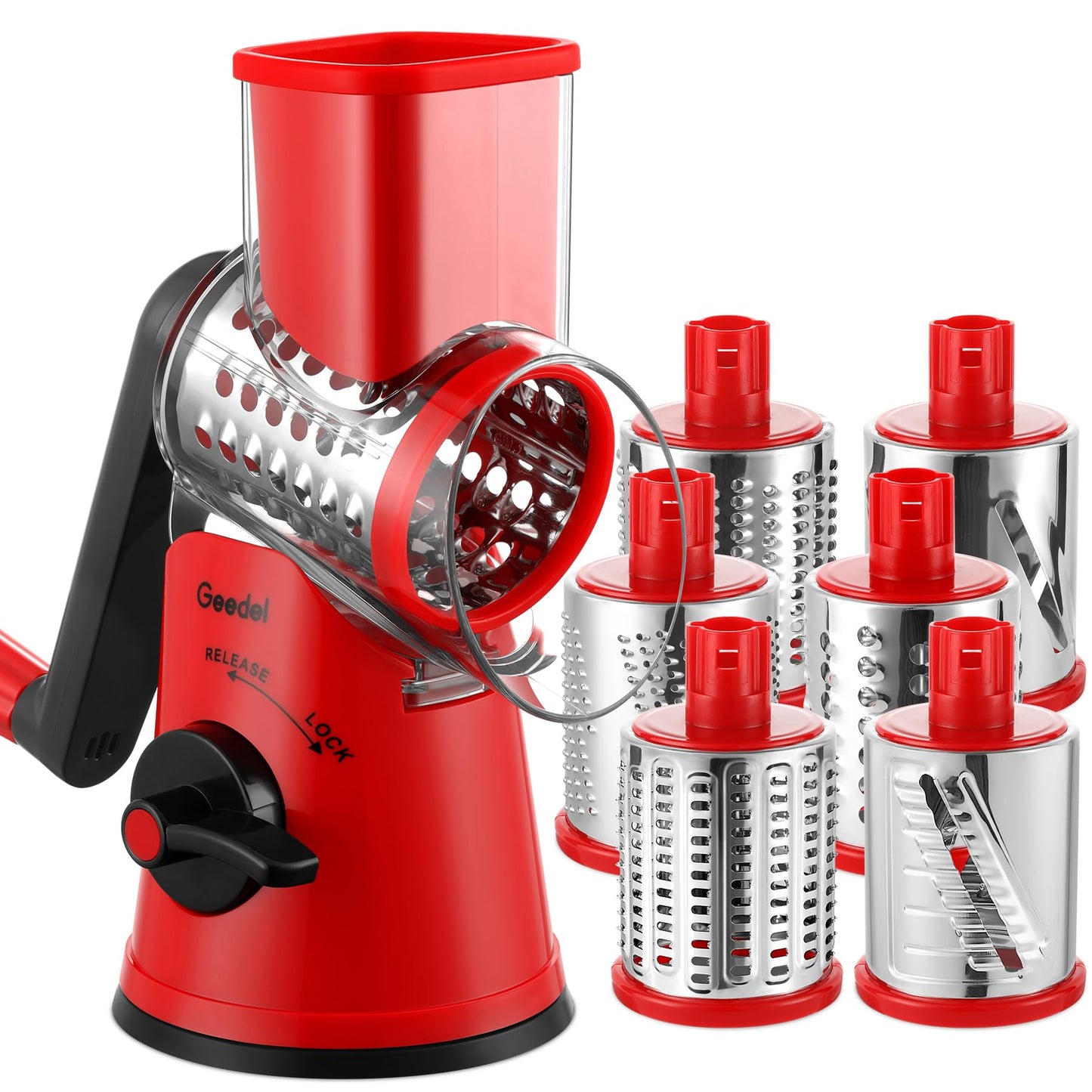 Geedel Rotary Cheese Grater Vegetable Shredder with 6 Interchangeable Blades No Slip Suction Base, Mandoline Slicer & Food Chopper for Cheese, Ice, Nuts, Vegetables, Veggie