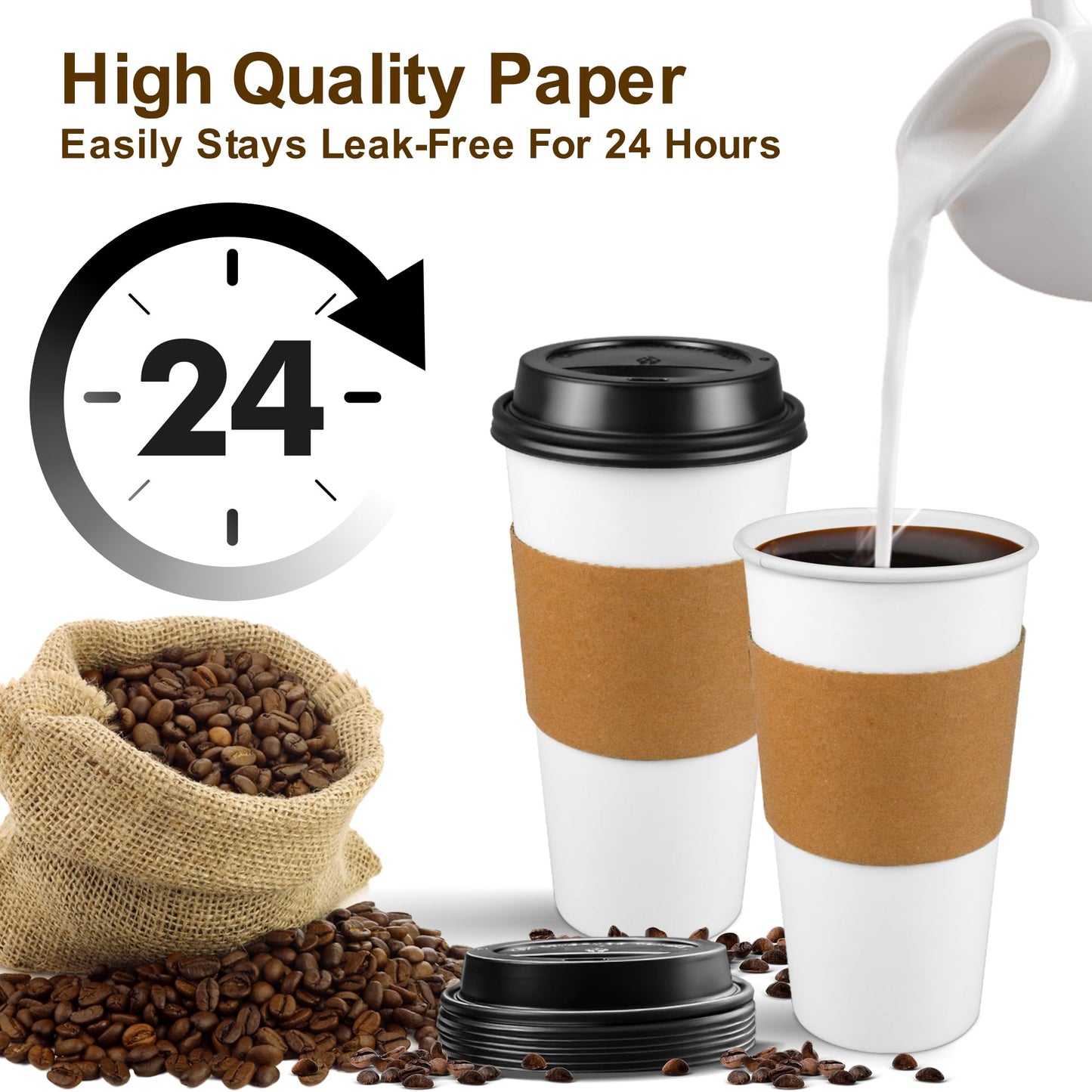 Ginkgo 100 Pack 20 oz Disposable Paper Coffee Cups with Lids and Sleeves, to Go Hot Coffee Cups for Hot Chocolate, Cocoa, Tea and Drinks