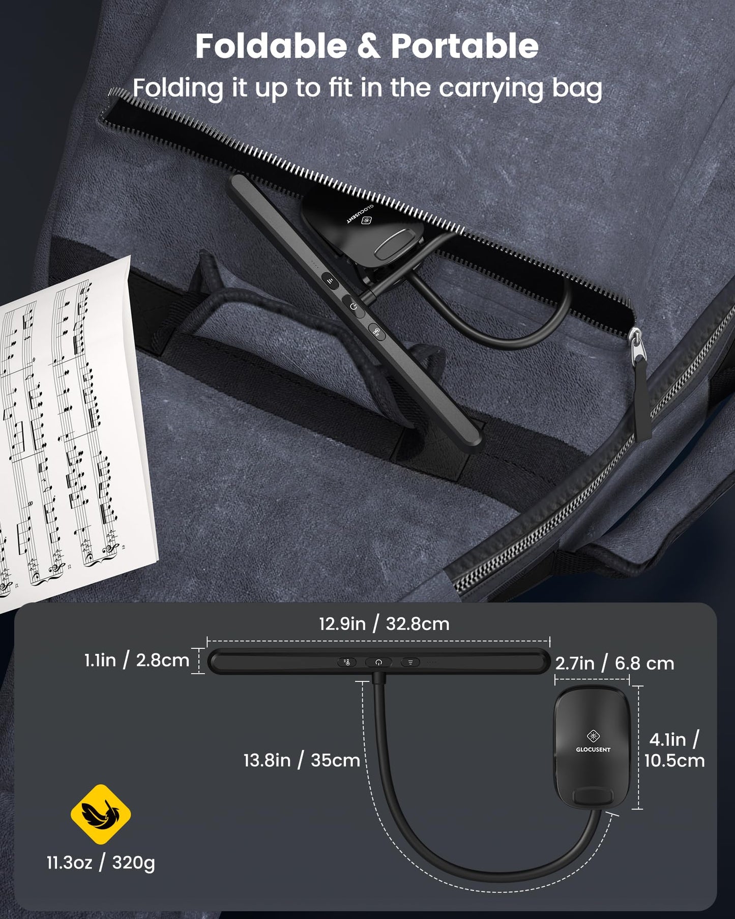 Glocusent 81 LED Music Stand Light, Super Bright & Eye Caring, 3 Color & 5 Brightness Piano Lamp with Shield, Rechargeable Long Lasting to 150-Hr, Perfect Lighting