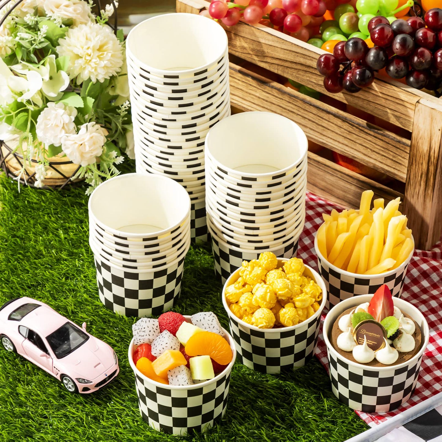 Zopeal 50 Count Ice Cream Cups Disposable 9 oz Ice Cream Bowls Paper Race Car Birthday Party Supplies Pudding Snack Cups Sundae Picnic Dessert Yogurt Bowls