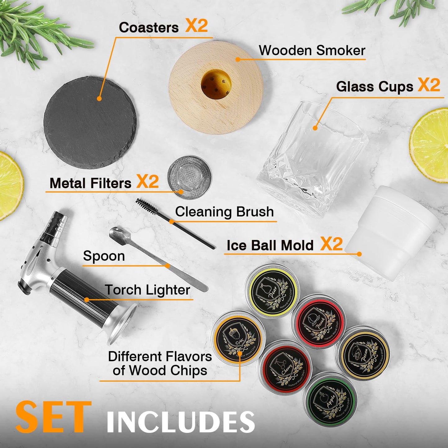 Whiskey Smoker Kit with Torch, 2 Glasses, 6 Flavors Wood Chips, 2 Ice Ball Molds, Cocktail Whisky Old Fashioned Drink Smoker Infuser Kit, Birthday Gifts for Father Men, Dad, Husband(No Butane)