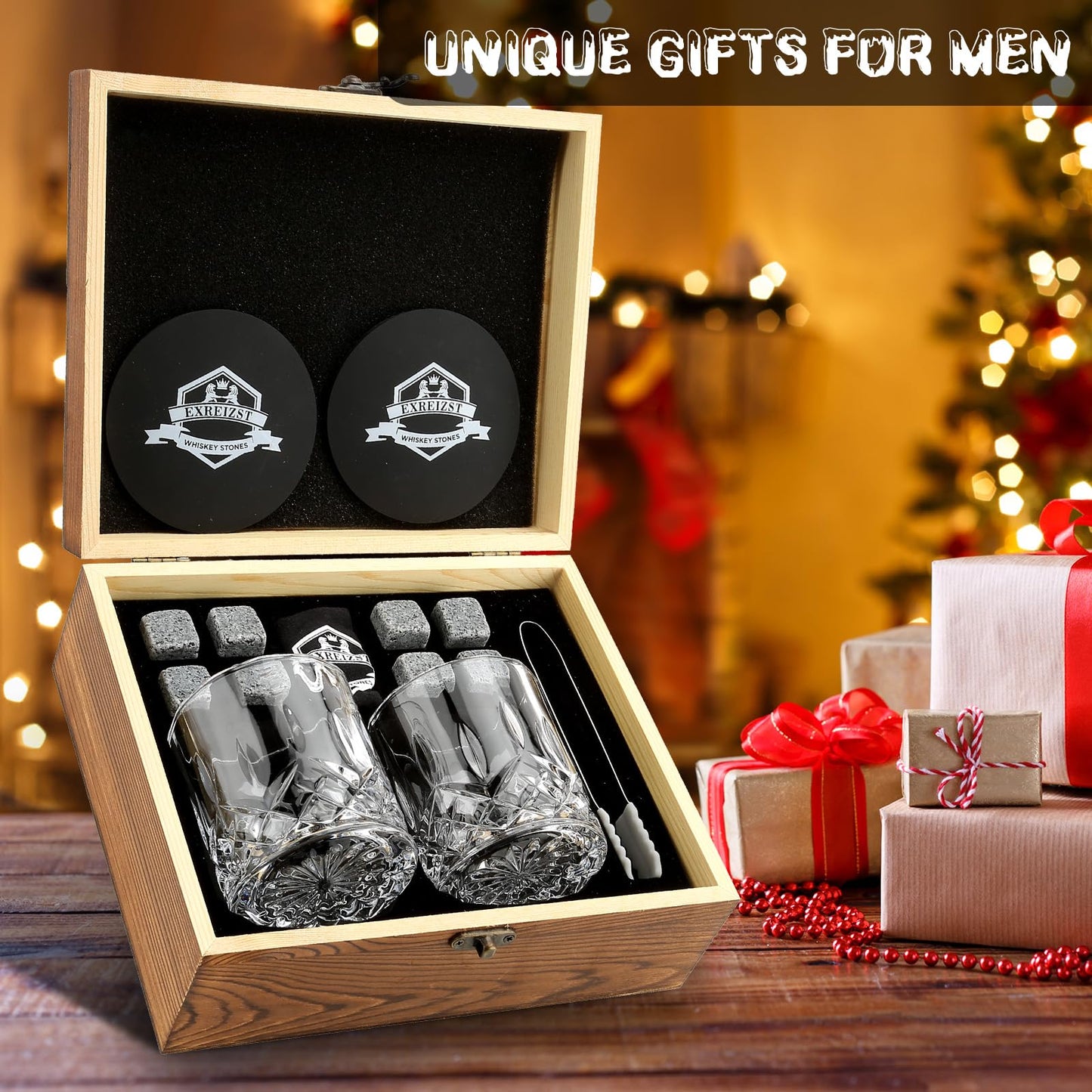 Whiskey Stones Glass Gifts for Men - Bourbon Scotch Whiskey Glasses Set of 2 - Granite Chilling Rocks in Premium Wooden Box - Best Drinking Father's Day Birthday Gifts for Men Him Dad Husband Boss