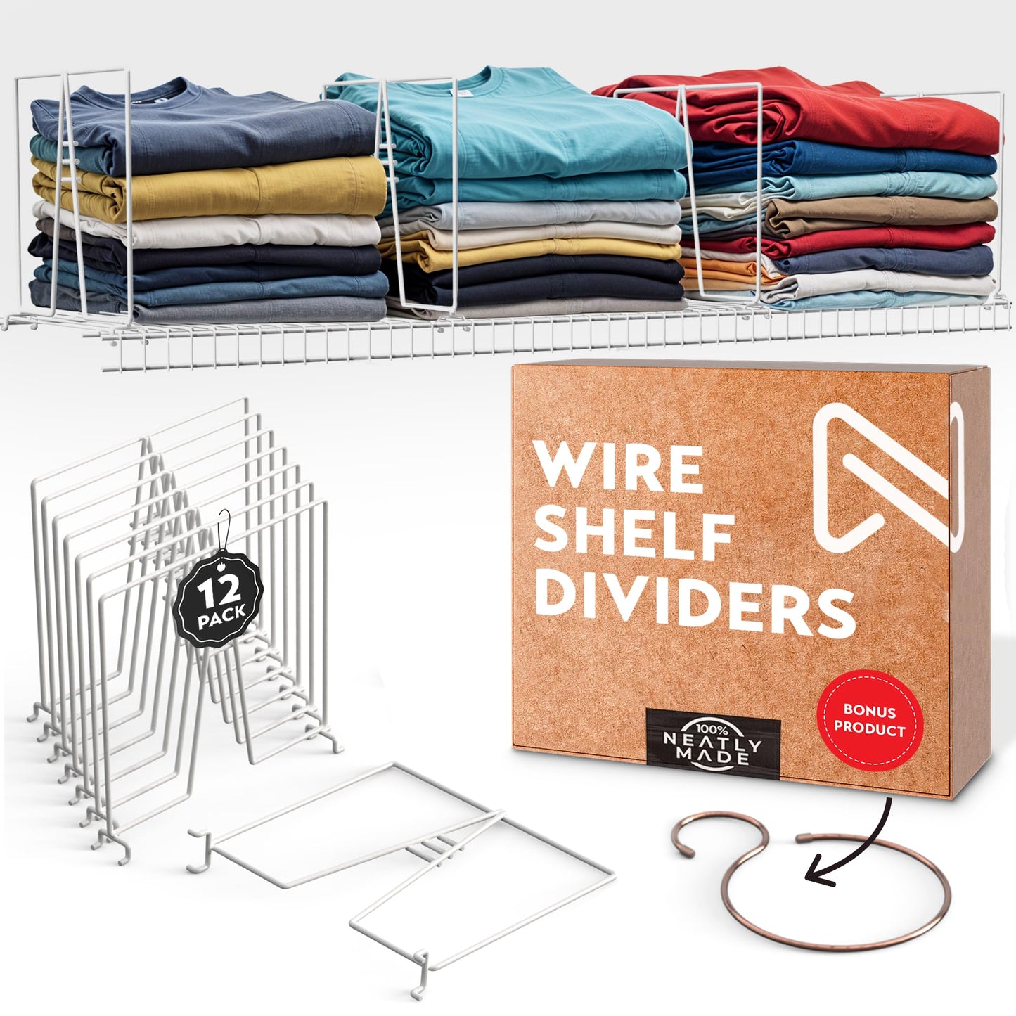 Tall White Wire Shelf Dividers for Closet Organization – Sturdy and Easy Set-Up Closet Shelf Dividers with Bonus Rose Gold Hange (12 inch Wire Shelves, 12-Pack)