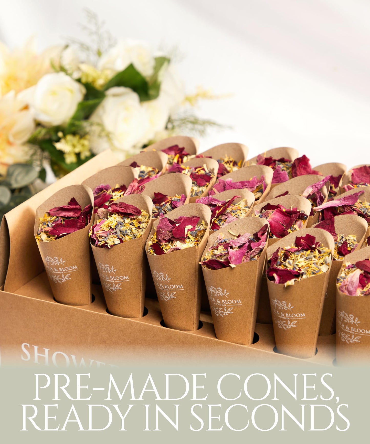 Flora & Bloom Biodegradable Confetti With Pre Built Cones | Dried Flowers | Wedding Confetti Kit | Pop Open Cones & Tray |Jasmine, Lavender & Rose Petals | Wedding Decorations (24 Guests)