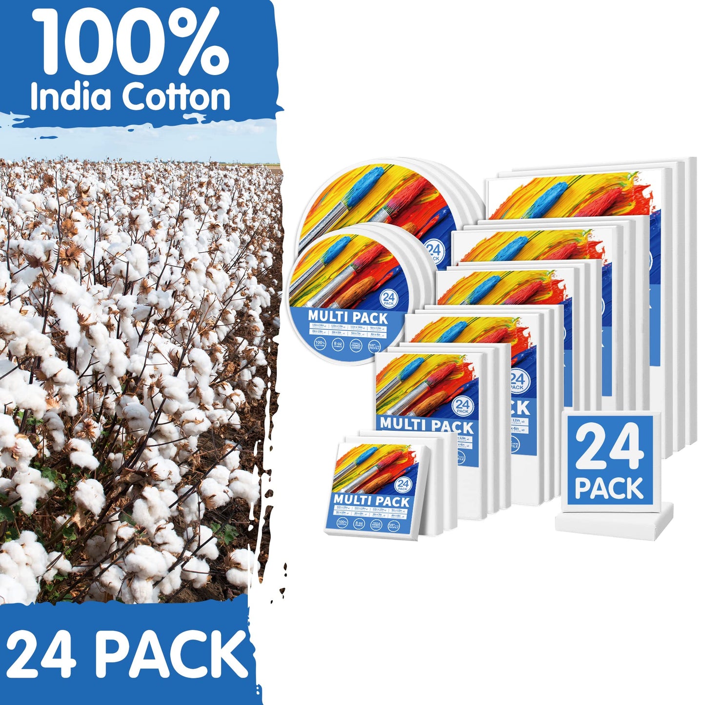 FIXSMITH 24 Pack Canvas for Painting, Multi Pack - 4x4", 5x7", 8x10", 9x12", 11x14", 12x16", Round Canvas 12x12", 8x8" (3 of Each), 100% Cotton, Primed Canvases for Acrylic, Oil, Wet or Dry Art Media