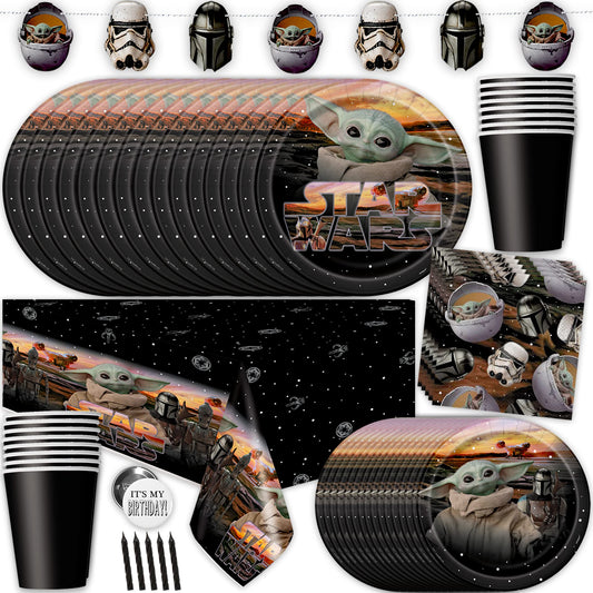 Baby Yoda Party Supplies and Decorations - Mandalorian Party Supplies for Birthday Child - Serves 16 - Banner Decoration, Table Cover, Plates and More