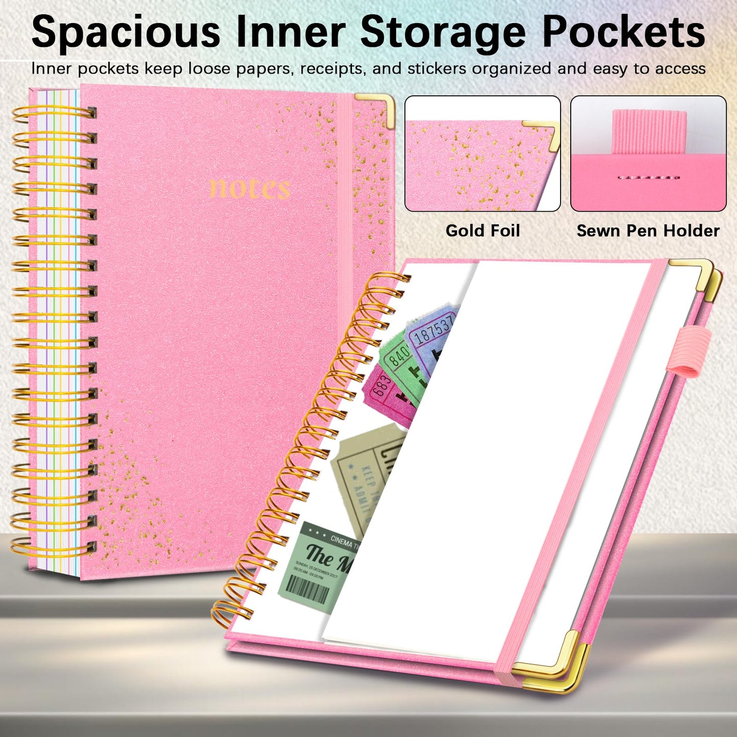 Hardcover Spiral Notebook with Removable Dividers & Tabs, 8"x10" 5 Subject Notebooks for Work, 300 Pages College Ruled Notebook, Sparkle Lined Journal for Women Girls Students Note-Taking